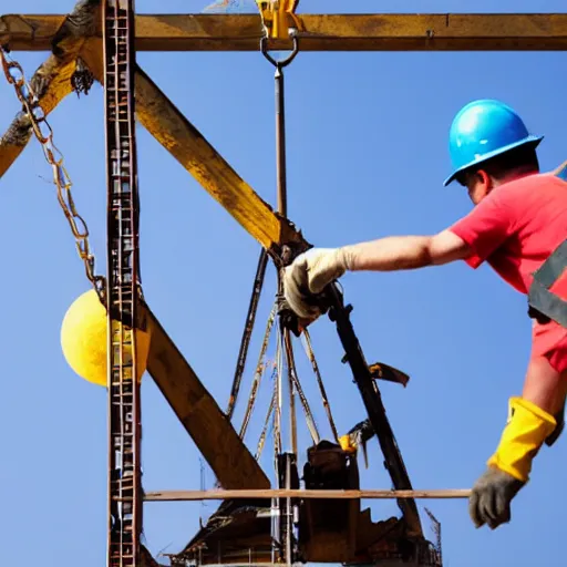 Image similar to two construction workers removing the moon from the sky