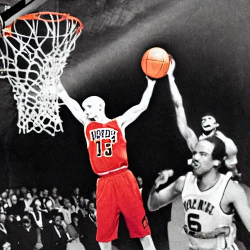 Prompt: nosferatu dunks the basketball and wins the big game, high quality, photograph