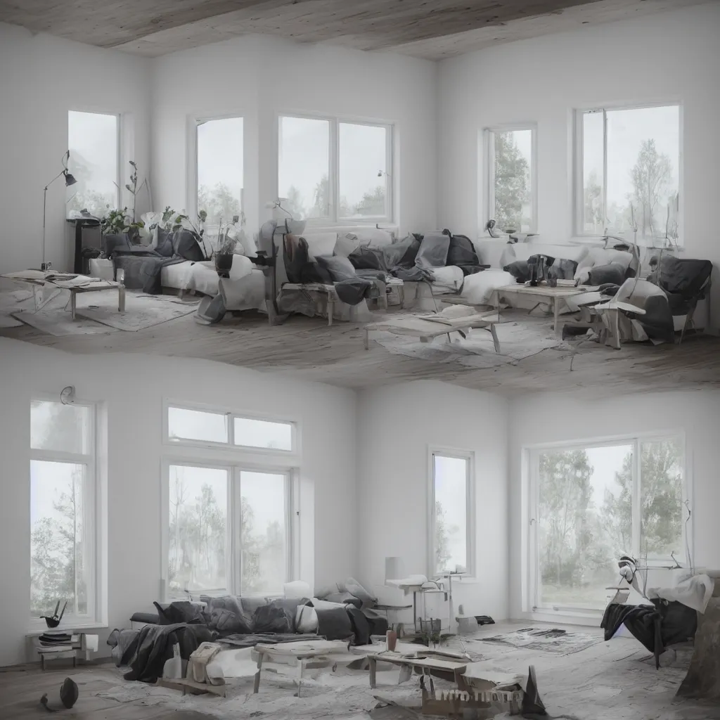 Prompt: Hyper realistic. Danish heritage and Nordic home, plaster walls. the tiny home, big window frame. living room. Furnished with minimal furniture . ultra wide shot .minimal design. Future design. architecture design. foggy environment. Cinematography. mega scans. sloped site. cinematic. hyper realistic. photorealistic. cinematic composition. highly detailed. Vray. Corona render. 8k. render