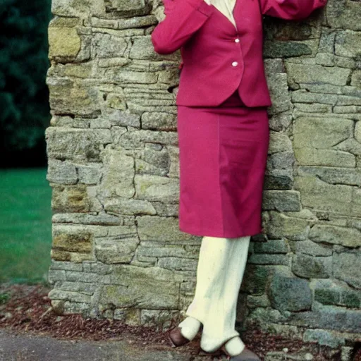 Prompt: a vintage 1 9 8 0 s kodachrome slide of a cheerful lady in a feminine suit posing on a stone wall in autumn sunshine.