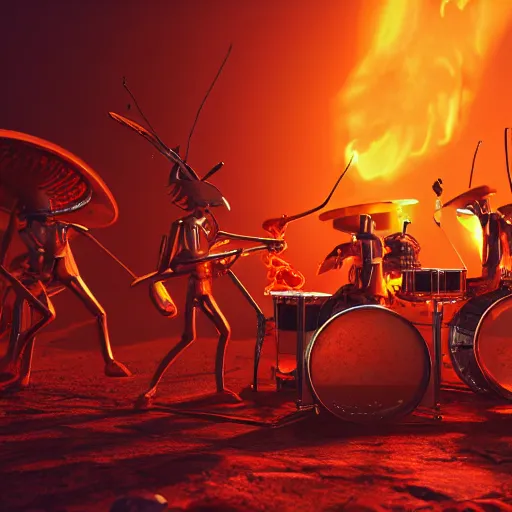 Prompt: ultra detailed a jazz band of aliens playing drums, guitar, saxophone, they are gathered around a flaming dumpster on mars, dark and moody atmosphere, scifi, fantasy, octane render, concept art, bold colours