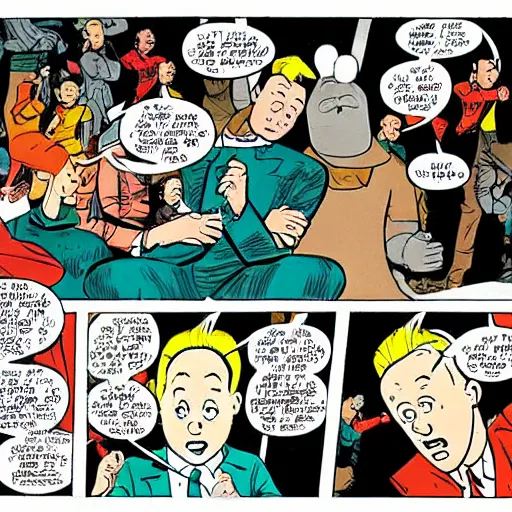 Image similar to a comic book page of The Adventures of Tintin by grant morrison