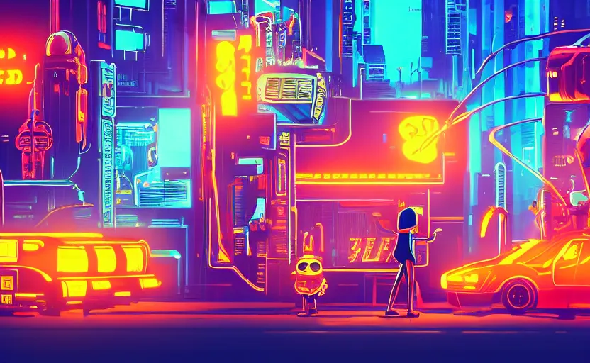 Prompt: Skinny orange cat in cyberpunk with neon signs and robots, very detailed, very photorealistic.