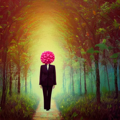 Image similar to giant carnation flower head, girl in a suit, on a path, surreal photography, sunrise, dramatic light, impressionist painting, digital painting, artstation, simon stalenhag