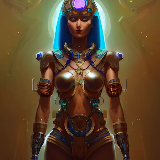 Prompt: a portrait of a beautiful cybernetic cleopatra, cyberpunk concept art by pete mohrbacher and wlop and artgerm and josan gonzales, digital art, highly detailed, intricate, sci-fi, sharp focus, Trending on Artstation HQ, deviantart, unreal engine 5, 4K UHD image