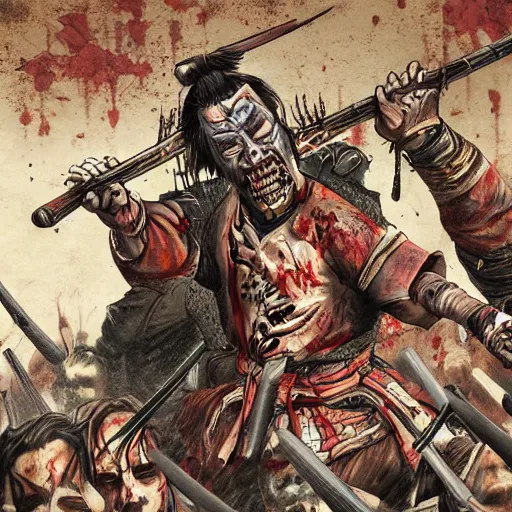 Prompt: artistic drawing of a samurai gunslinger fighting a horde of zombies, gruesome, bloody, highly detailed, western, hyper realistic