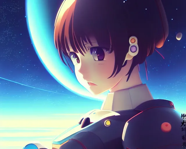 Image similar to anime portrait of a menacing planet sized mech, over looking saturn, wide shot, bokeh, ilya kuvshinov, anime, pixiv top monthly, trending on artstation, cinematic, danbooru, zerochan art, kyoto animation