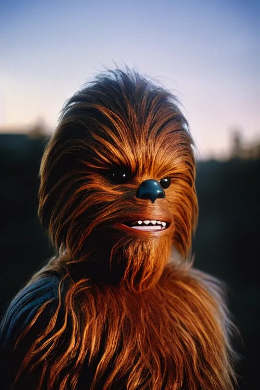 Image similar to photographic portrait of chewbacca suffering from male pattern baldness, cinematic photography, 35mm, evening light