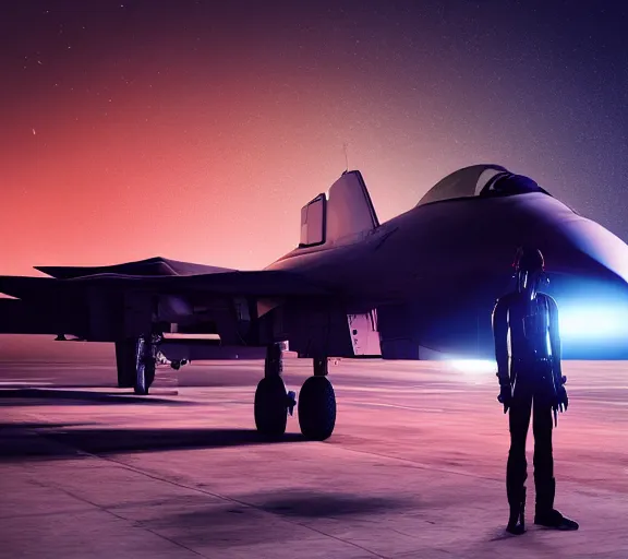 Image similar to fighter pilot stands beside futuristic sci fi fighter jet landed at runway of cyberpunk city, night photo ,dark cinematic lighting , digital concept art