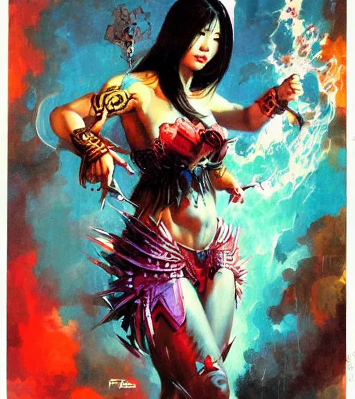 Image similar to portrait of strong korean female chaos angel, beautiful! coherent! by frank frazetta, by brom, strong line, vivid neon color, spiked scrap metal armor, iron helm, high contrast, maximalist