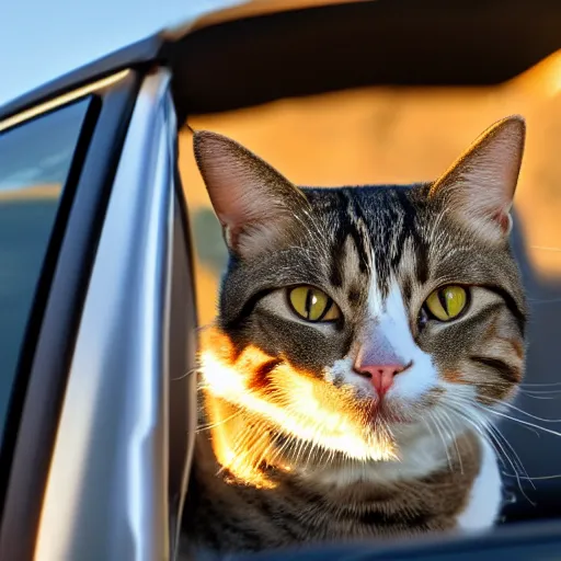 Prompt: cat sitting in driver seat of a cabriolet, golden hour, top view, car chase, golden ratio