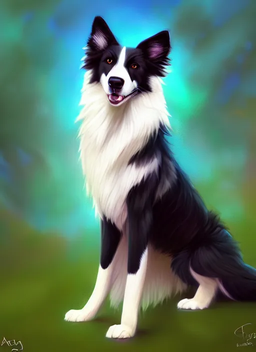 Image similar to wide angle beautiful full body portrait of a cute anthro male border collie fursona with two legs posing in front of a park, character design by charlie bowater, henry asencio, and ross tran, furry art, furaffinity, beautiful, glamor pose, detailed, aesthetic, trending on artstation