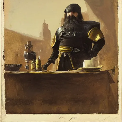 Prompt: Medium shot frustrated and acerbic male bearded Imperial soldier wearing a {black and yellow tabard} over a steel breastplate and a black gambeson leaning over a table, by Raymond Swanland Greg Rutkowski Lise Deharm, {perfect face}, {perfect eyes}, {perfect body}, {hands planted on table},