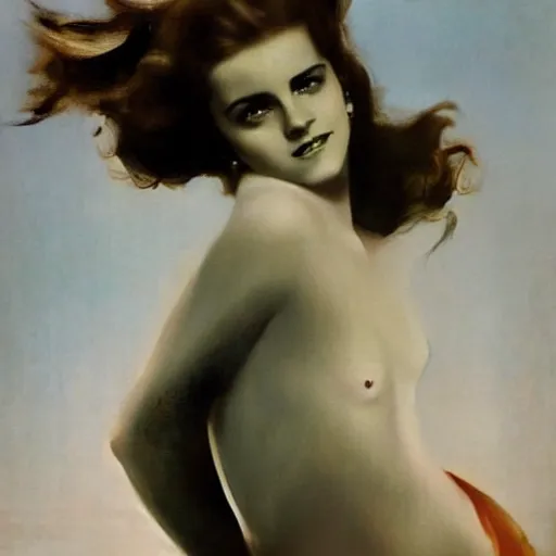 Image similar to emma watson as sea mermaid, artwork by rolf armstrong,