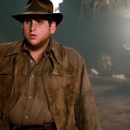 Image similar to Jonah Hill as indiana jones in raiders of the lost ark, 8k resolution, full HD, cinematic lighting, award winning, anatomically correct