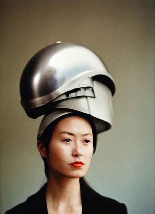 Prompt: a fashion portrait photograph of a woman wearing a helmet designed by tadao ando, 3 5 mm, color film camera,
