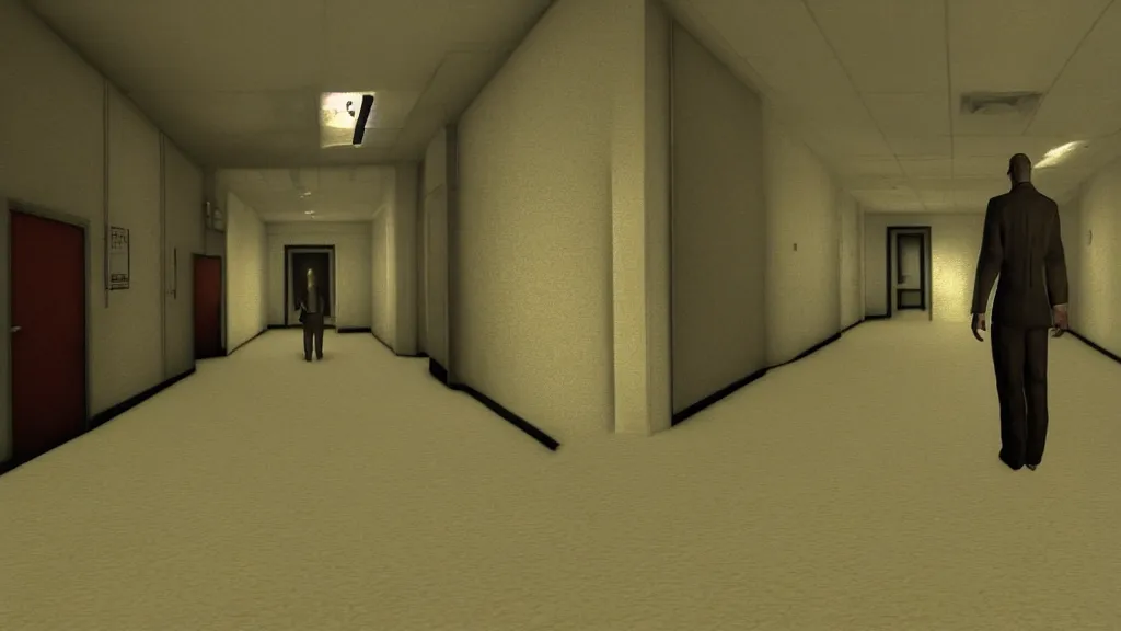 Prompt: An entity imitating a man stands at the back of a hallway of a hospital, PS2 horror game screenshot, uncanny valley