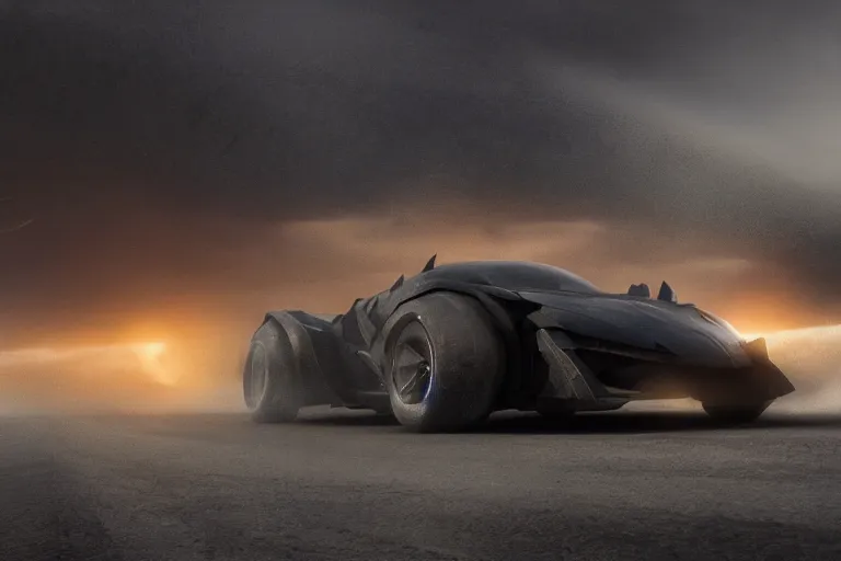 Image similar to the batmobile caught in the flow of time. octane render. 8 k. dark. atmospheric. cinematic. spectacular. sense of awe. mist. strong winds. sunrise. super slowmotion. matte painting painted by sparth and craig mullins