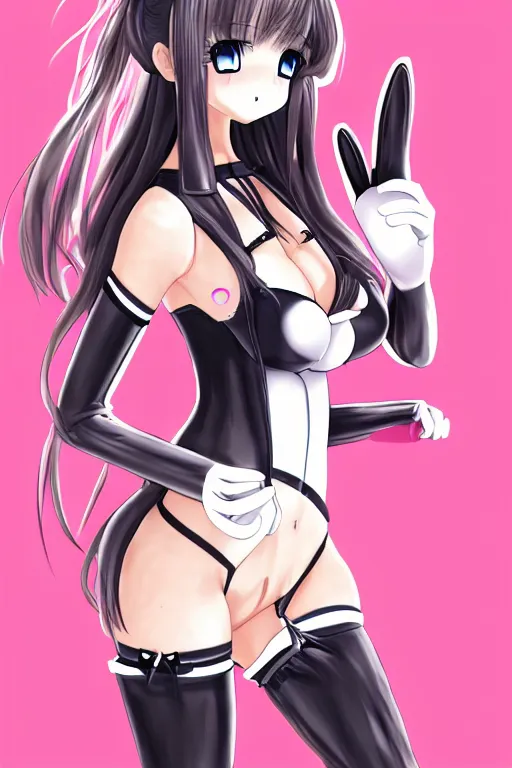 Prompt: full body anime portrait of a cute, bunny suit leather bodysuit, bra,, playboy, shoes, lace, android girl round eyes long hair dressed in a school uniform inside the school cinematic stunning highly detailed 4 k anatomically correct