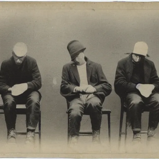 Prompt: A row of three men sitting with price tags on them. They are displayed for purchase. They are examined by a woman.