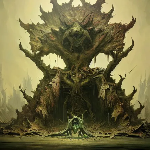 Prompt: Nurgle sitting on his throne of decay by Schen Teng, asymmetrical, realistic painting, dark vibes, nightmare, geometric shapes, hard edges, synth wave, trending on the artstation:2 by Greg Rutkowski:4