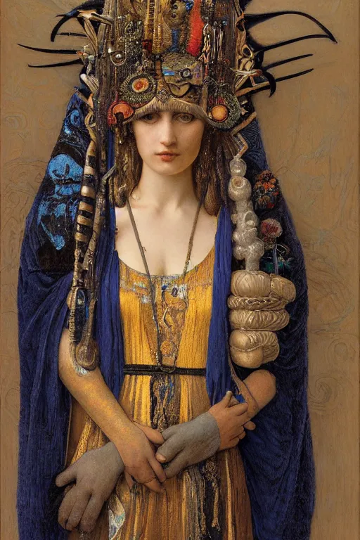 Image similar to portrait of the crow queen, by Donato Giancola and John Bauer and John William Godward and Vermeer, embroidered velvet, iridescent beetles, rich color, ornate headdress, flowing robes, lost runes, ancient civilizations,featured on Artstation, cgisociety, unreal engine, extremely detailed