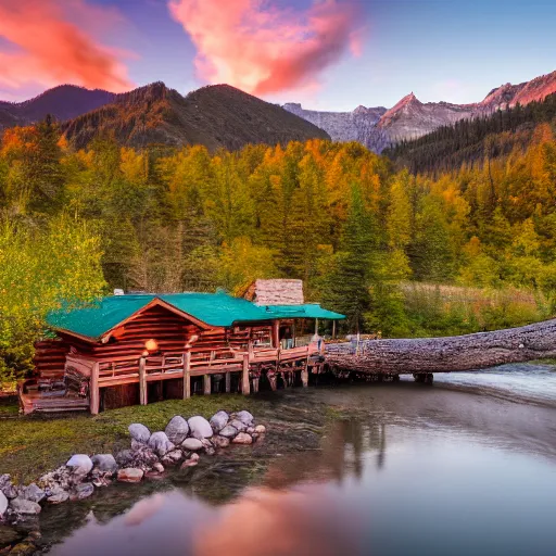 Prompt: DSLR still of a beautiful mountainside river with a pier and a log cabin at sunrise in spring, 4k