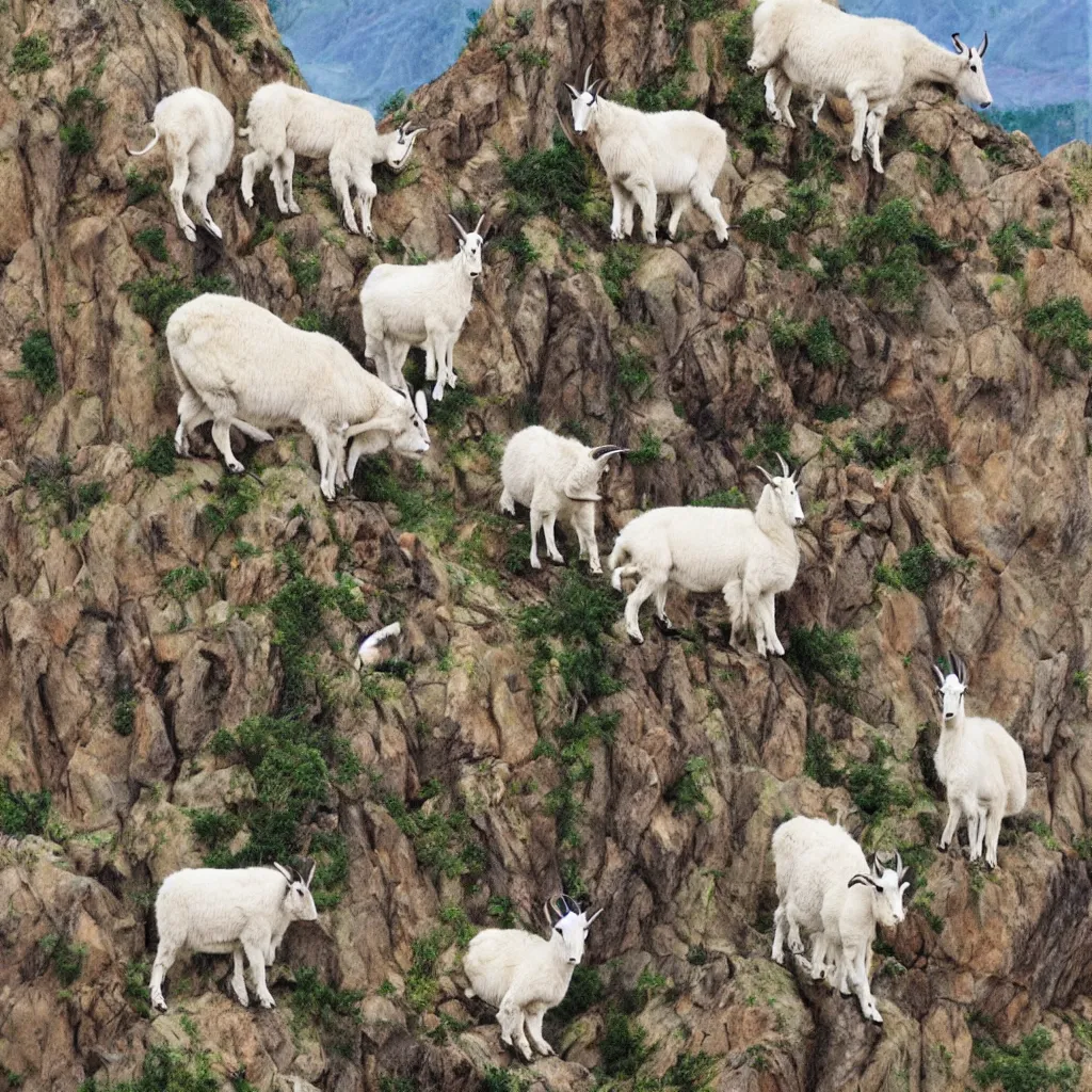 Image similar to mountain goats on a sheer cliffside, expressive, hyperrealism, photorealistic