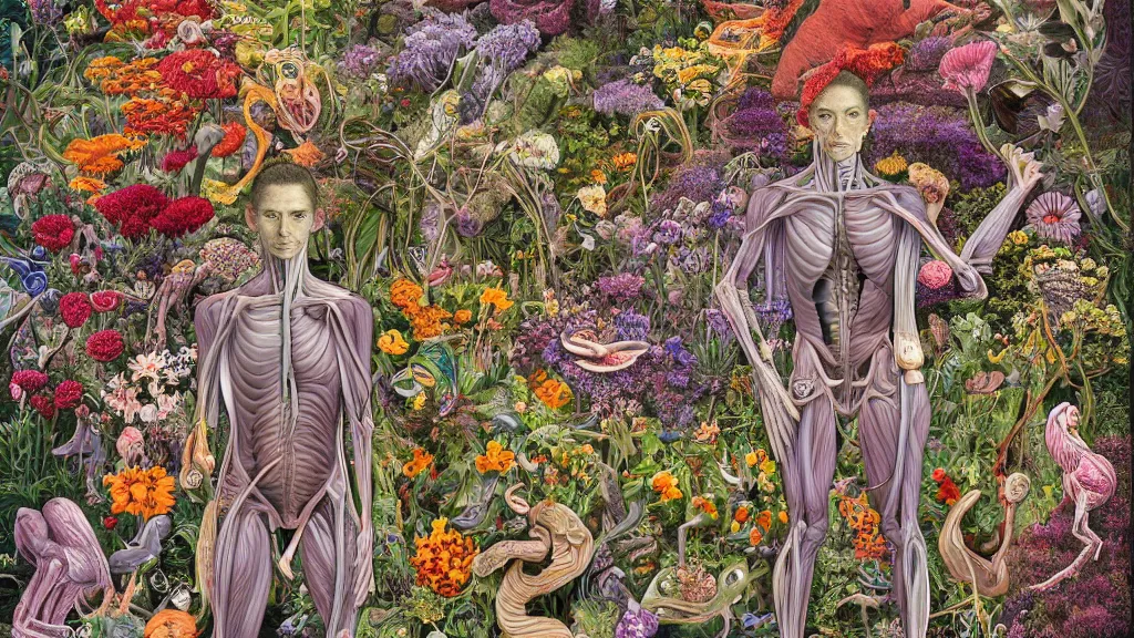 Image similar to highly detailed illustration of a human anatomy body surrounded by all the known species of flowers by juan gatti, by michael reedy!!, by moebius, by oliver vernon, by joseph moncada, by damon soule, by manabu ikeda, by kyle hotz, by dan mumford, by kilian eng