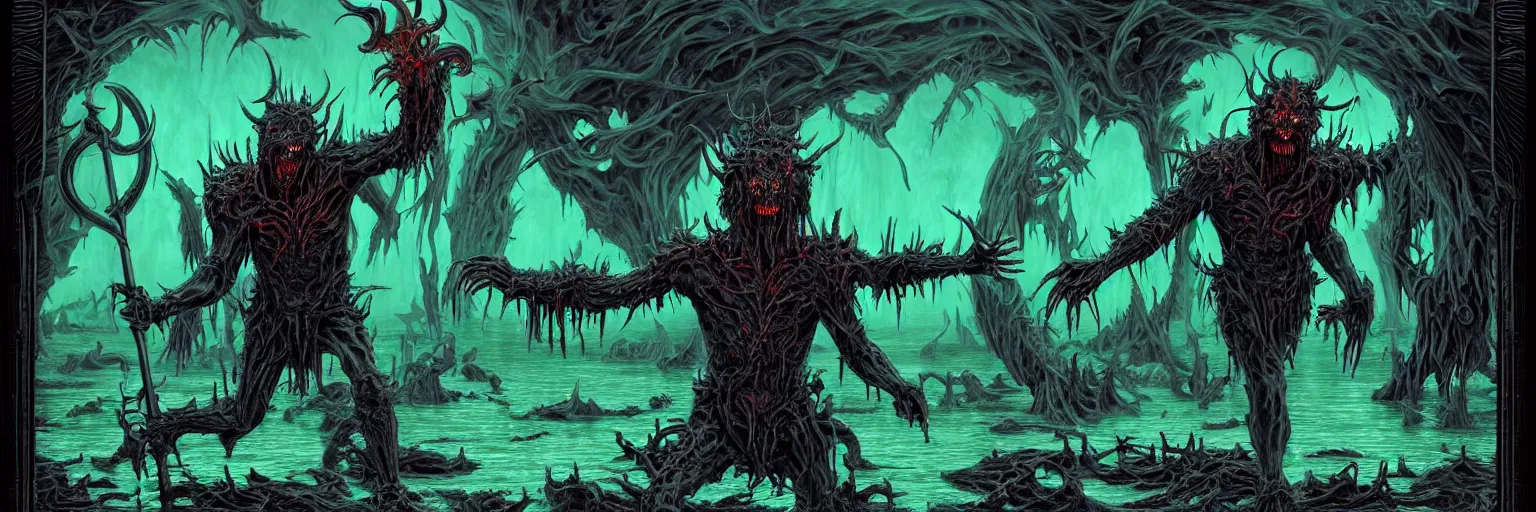 Prompt: 3d render of a hellspawn demon greeting souls of sinners at the gates of the River Styx by Dan Mumford and Josan Gonzalez and Feng Zhu and Loish and Stephen Gammell: 1, black border: 0.75, vibrant: 0.75, psychedelic, green: 0.5, blue: 0.5