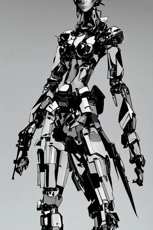 Prompt: fashion robot character design by yoji shinkawa, sharp lines, highly detailed, full body shot