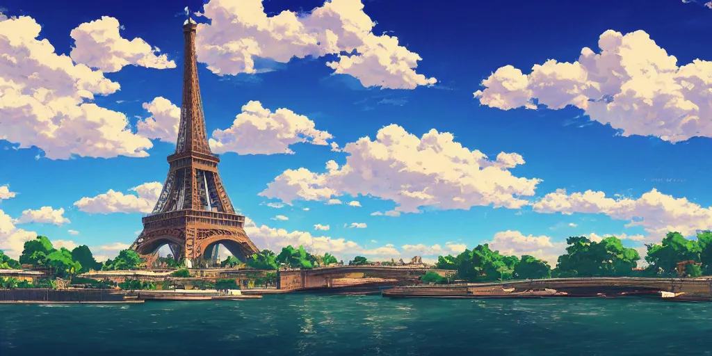 Prompt: a view on eiffel tower from seine with amazing clouds and blue sky, in the style of makoto shinkai anime and studio ghibli anime, colorful, romantic, 4 k resolution, artstation, pixiv, anime background,