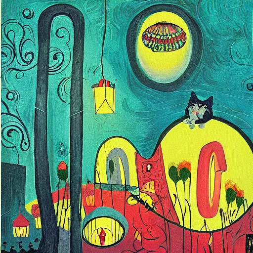 Image similar to detailed painting of cats and caterpillars at a carnival at night watching paper lanterns, in the style of eyvind earle and vincent van gogh