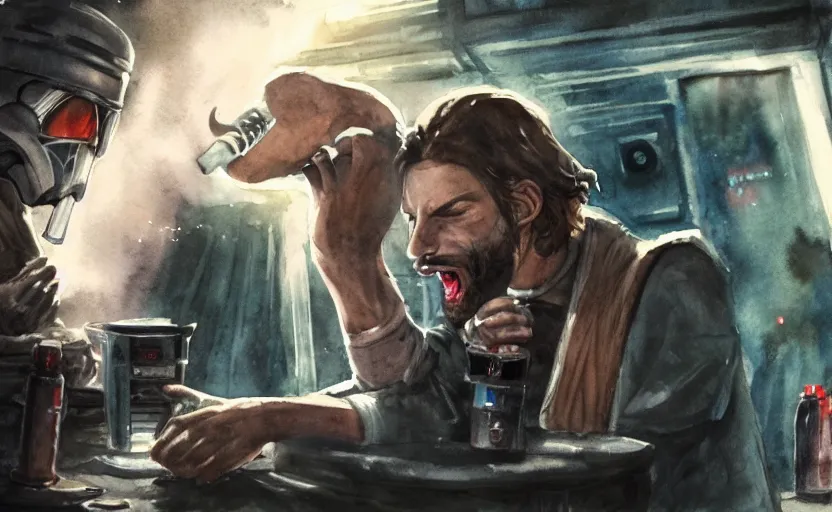 Image similar to an accurate realistic star wars watercolor fantasy concept art of a drug dealer that looks like chris d'elia yelling angrily in a sleazy futuristic bar of coruscant, hq, 4 k