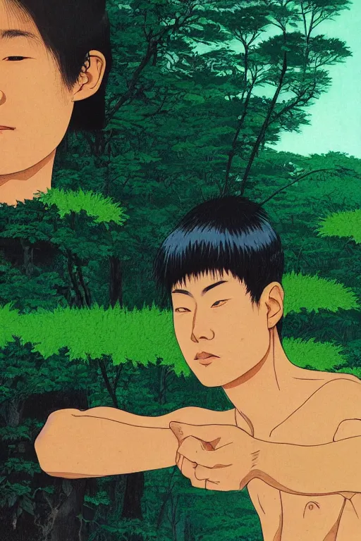 Image similar to a closeup portrait of a young japanese man taking mind altering drugs, a blotter paper of lsd acid and dreaming psychedelic hallucinations in the vast green landscapes of the amazon jungle, by kawase hasui, moebius, edward hopper, colorful flat surreal design, hd, 8 k, artstation