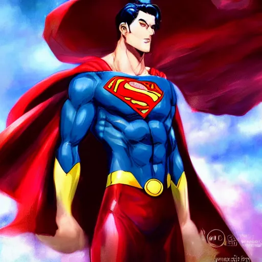 Image similar to A realistic anime superman, digital painting, by WLOP and Rossdraws, digital painting, trending on ArtStation, deviantart