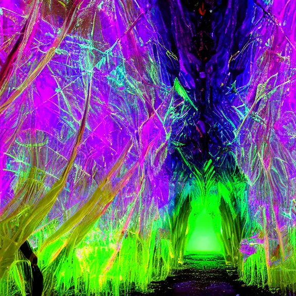 Image similar to crystal forest, neon glare, nacreous flare