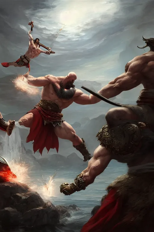 Image similar to kratos fighting zeus in the olympus, highly detailed, digital painting, artstation, concept art, smooth, sharp focus, illustration, unreal engine 5, 8 k, art by artgerm and greg rutkowski and edgar maxence