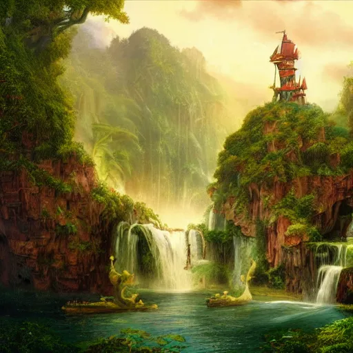 Image similar to realistic detailed view of neverland by terance james bond, russell chatham, greg olsen, thomas cole, james e reynolds, photorealistic, fairytale, art nouveau, illustration, concept design, storybook layout, story board format