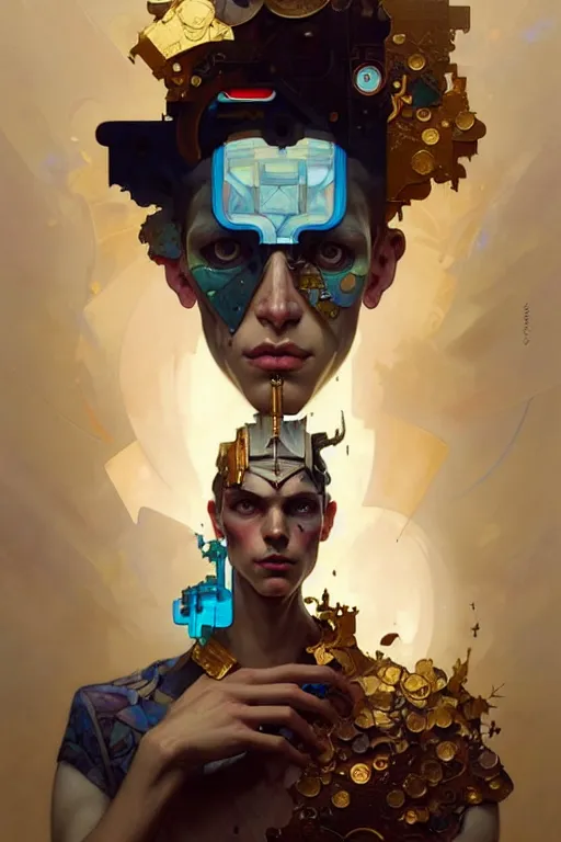 Image similar to portrait, patchwork boy, cyberpunk, elegant baroque, expressive, asymmetrical art, hyperrealism, colorful, vivid, imposing, epic, abstract texture, gold leaf texture, artstation, concept art, by peter mohrbacher and wlop and rhads and artgerm and magali villeneuve and alphonse mucha