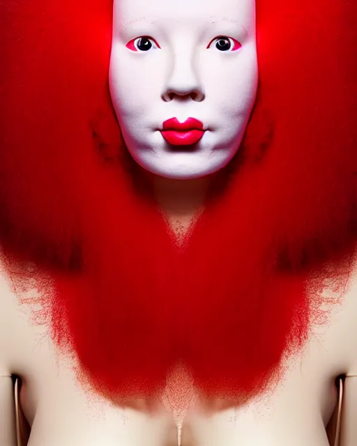 Prompt: symmetrical close - up portrait of a woman wearing a pink silicone beauty mask and red hair rolls, wearing a red bodysuit by alexander mcqueen, cream white background, biotechnology, humanoide robot, bjork aesthetic, translucent, by rineke dijkstra, masterpiece,