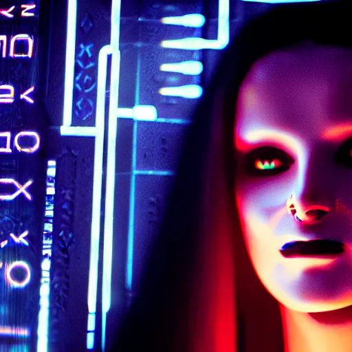 Image similar to cinematic movie still of cybernetic character named Mona Lisa Overdrive in Neuromancer, futuristic eye implant, cyberpunk, Burning Chrome, XF IQ4, 150MP, 50mm, F1.4, ISO 200, 1/160s, twilight in the city