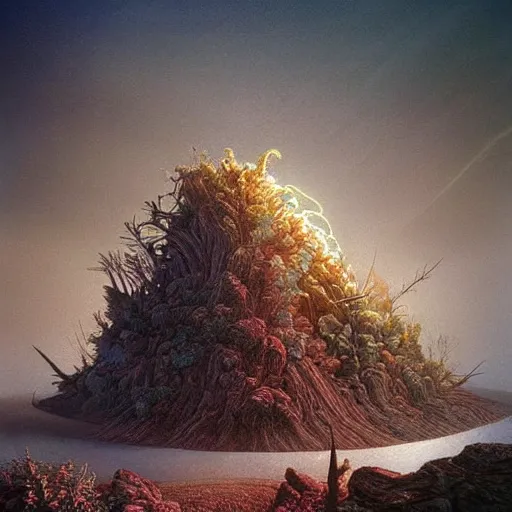 Image similar to artistic digital artwork of an epic natural scene on an alien planet. beautiful landscape by vincent bons, michael whelan, remedios varo and gerardo dottori. grainy and rough. interesting pastel colour palette. beautiful light. oil and water colour based on high quality render.