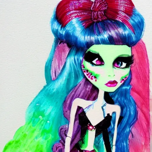 Prompt: colorful watercolor painting of a monster high doll