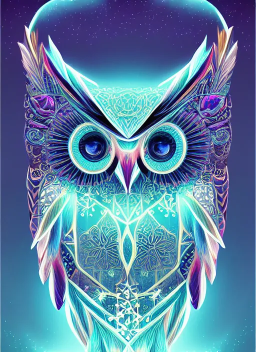 Image similar to symmetry!! product render poster vivid colors divine proportion owl, ice and snow, glowing fog intricate, elegant, highly detailed, digital painting, artstation, concept art, smooth, sharp focus, illustration,