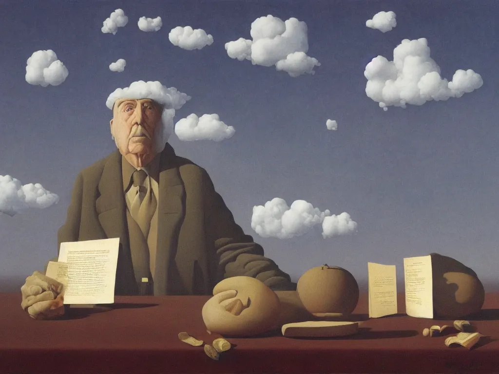 Image similar to obituary for an alchemist. painting by rene magritte, john howe