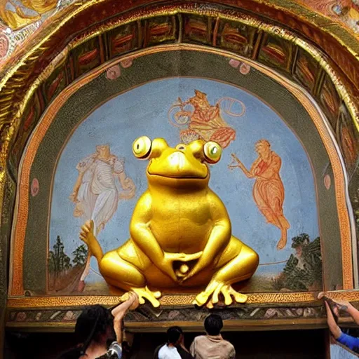 Image similar to people worship a huge statue of a golden frog, frescoes style, religion, bible