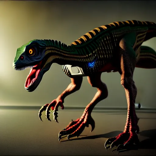 Prompt: a velociraptor with electric collars around its body infected by an alien implant, photorealistic 3 d octane render, unreal engine