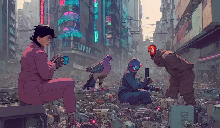 Prompt: cyborg feeding electric pigeons at a dirty crowded streetcorner, cyberpunk, by Josan Gonzalez and Tomer Hanuka and Geof Darrow and Brad Rigney and Greg Rutkowski,highly detailed, UHD, 8K, Ghost in the shell, Blade Runner, Trending on artstation, bokh, dof