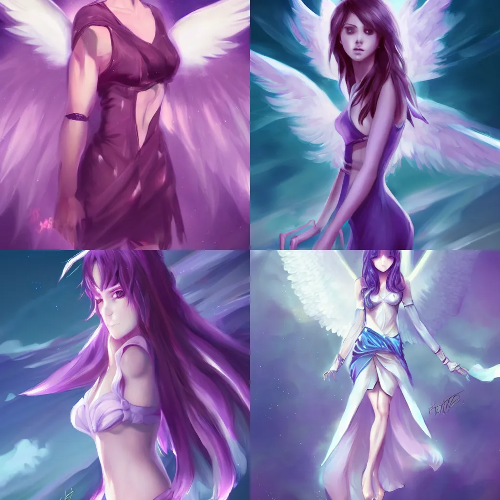 Prompt: an angel, full upper-body, Pixiv trending, Ross tran style, purple